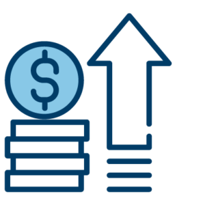 Shadowbox-increase-revenue-icon Icon of stacked coins with upward arrow representing increased sales through EHR automation