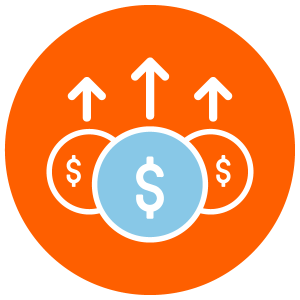 increase-rev-icon Icon of a dollar sign with upward arrows representing increased healthcare revenue through EHR automation